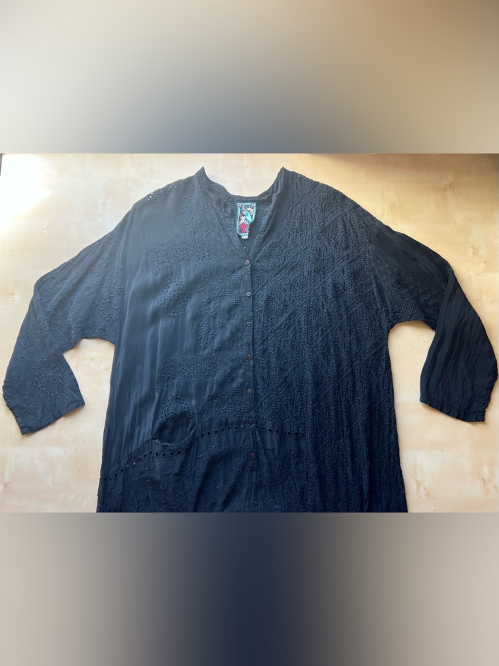 Johnny Was Black Embroidered Eyelet Semi-Sheer Maxi Duster Dress - Picture 7 of 9